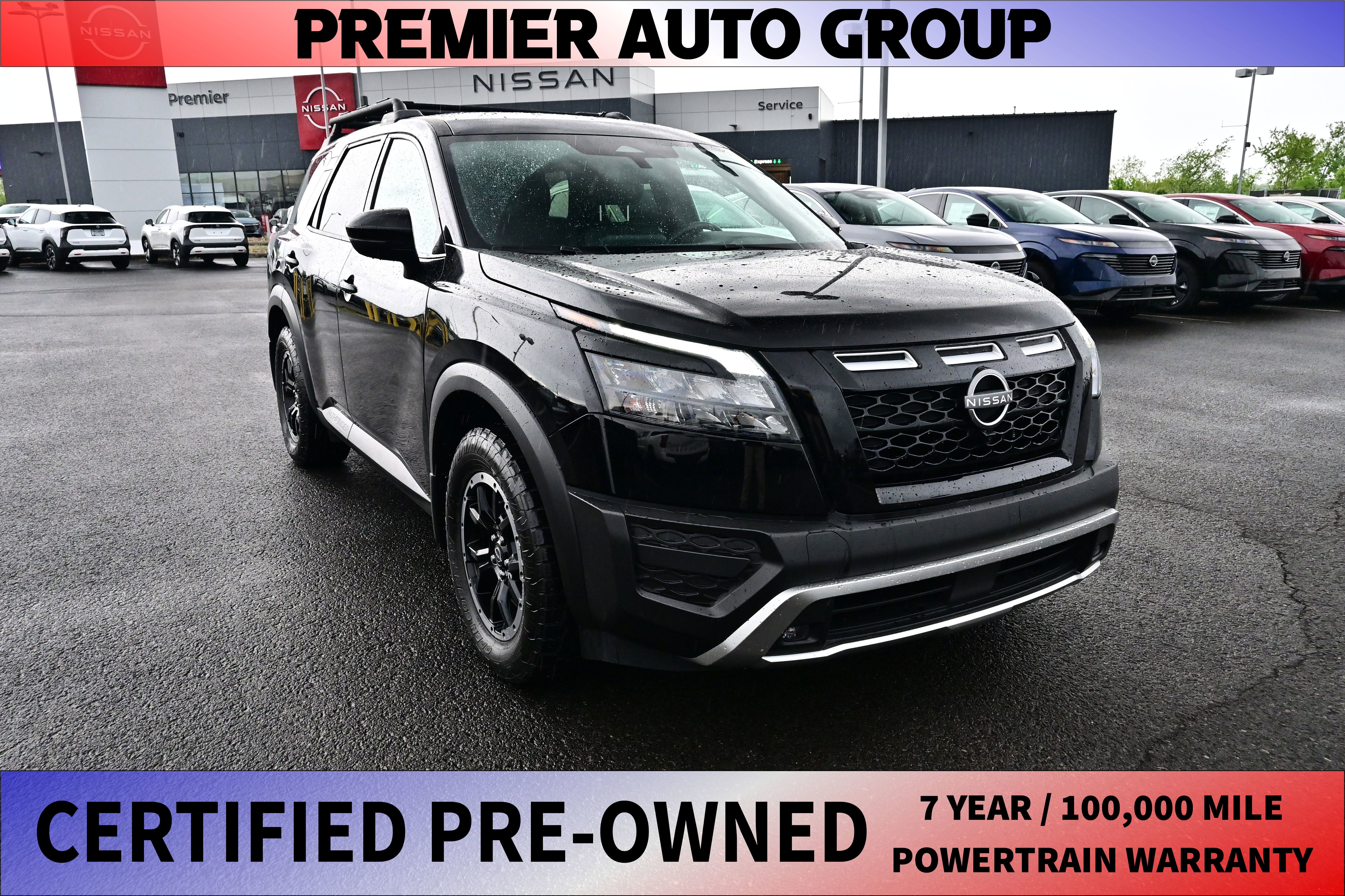 2025 Nissan Pathfinder Rock Creek in Kh3/Super Blac — front three-quarter view